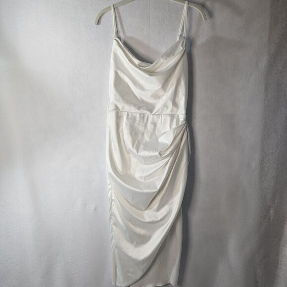 White Rehearsal Cocktail Dress Sz M Ruched Sides Faux Wrap Cross Over Skirt Cowl - Picture 1 of 9